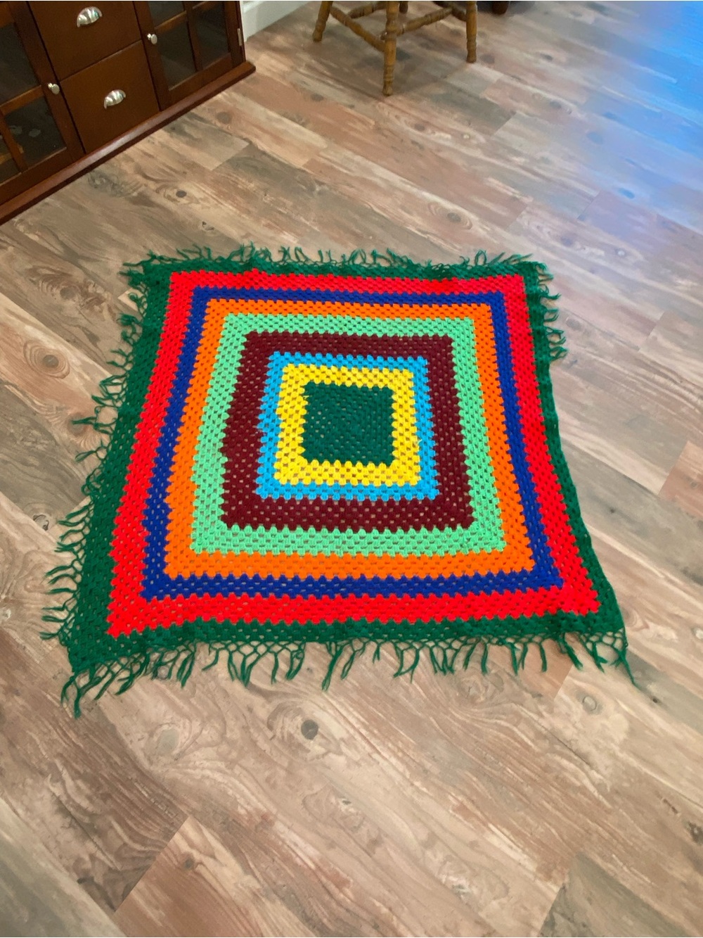 Vintage Handmade Multicolor Crochet Throw Blanket - Green Trim